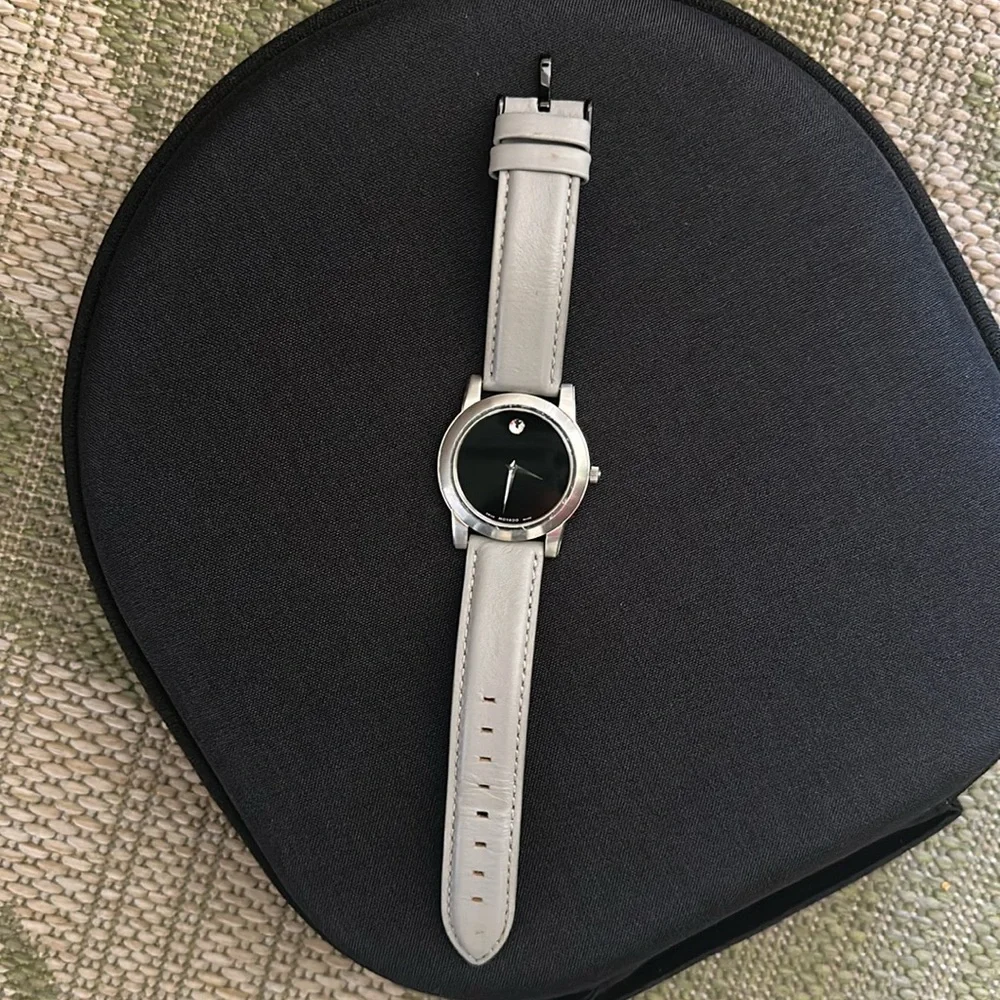 Movado Black Face Watch with Gray Leather Band 🖤